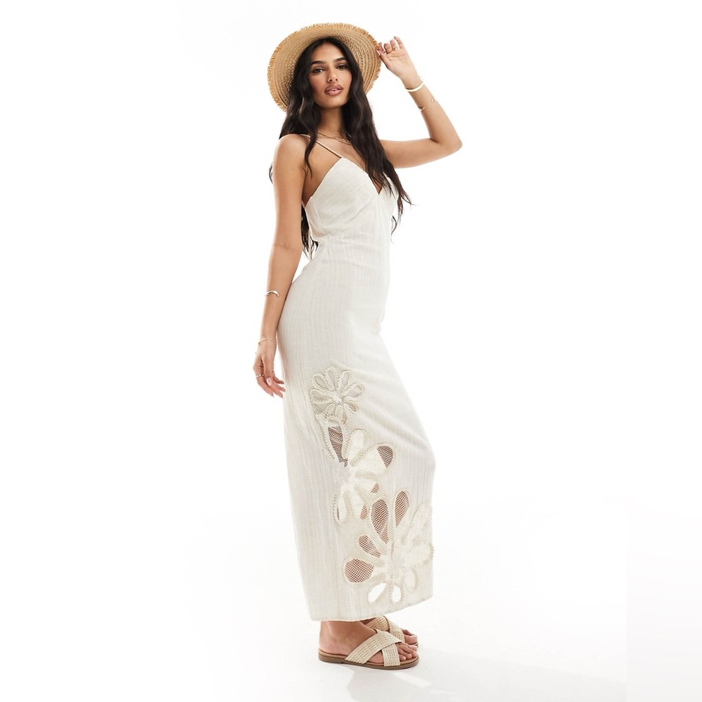 ASOS DESIGN linen midi slip dress with cutwork floral detail in natural NNWOT 10 - Picture 4 of 4